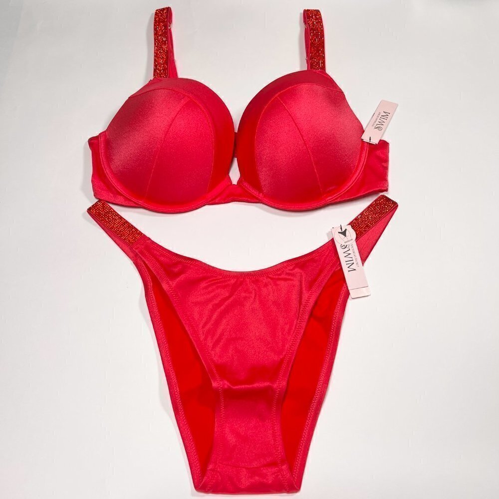 Victoria Secret 38D XL SEXY TEE Push Up Bikini Top Bottom Set Shine Strap Pink